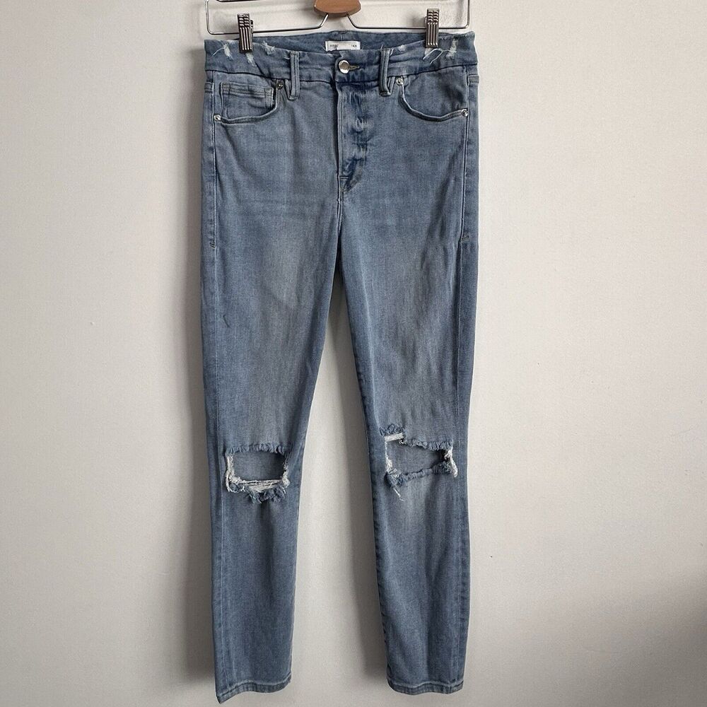 Good American Jeans GLC941T Size 8/29 Distressed Knee Blue Stretch Ankle Trendy